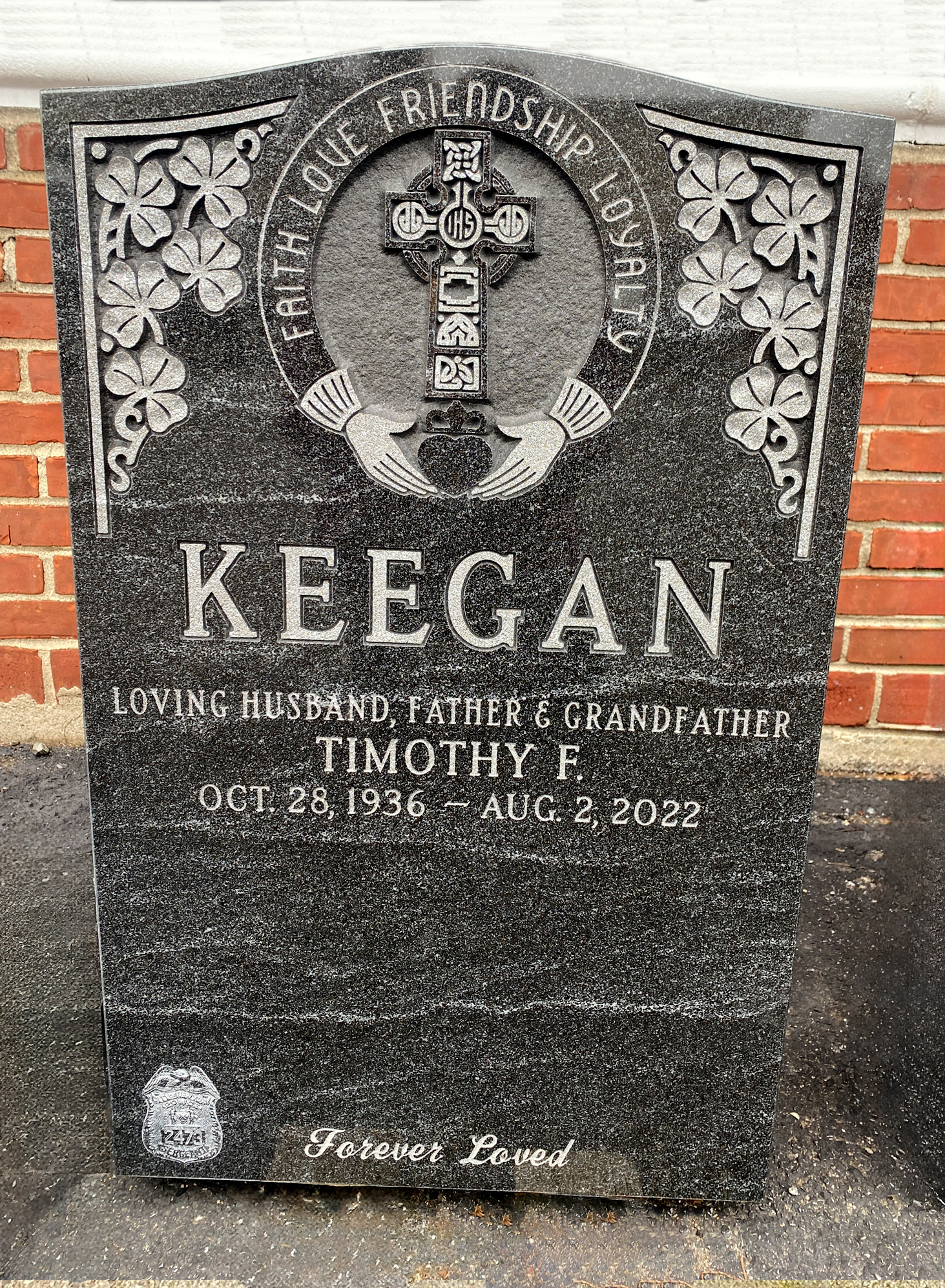 Upright America Black Mist Granite Monument with an Irish Design